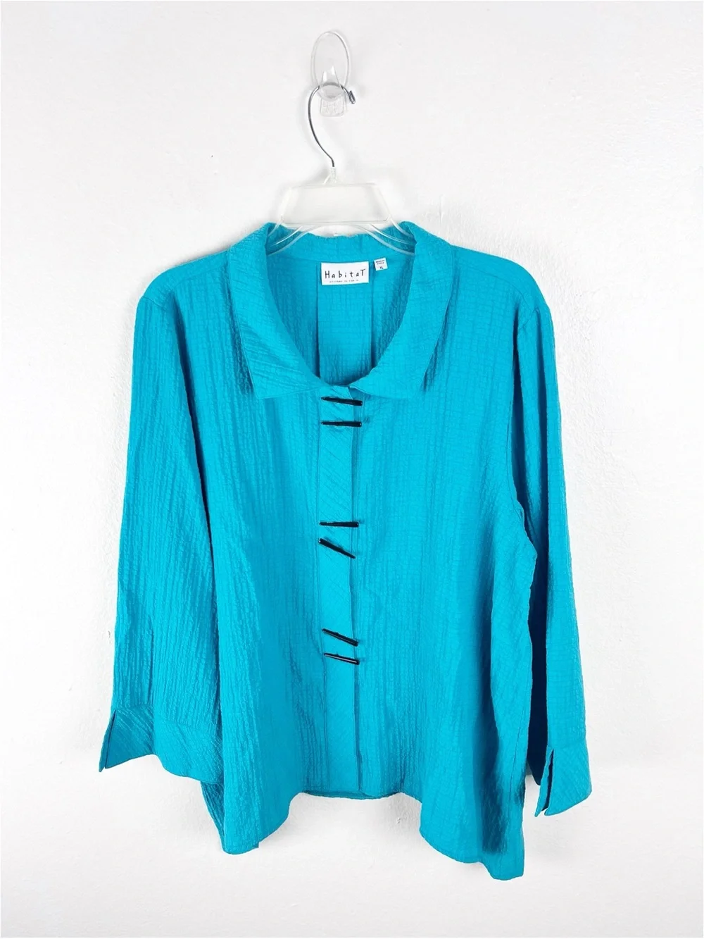 HABITAT Aqua Turquoise Long Sleeves Textured Button Top XL Artsy Casual Neutral - Picture 1 of 9